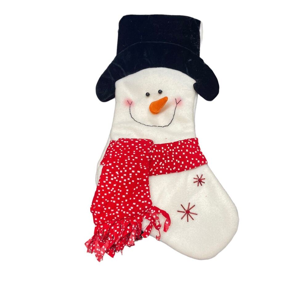Felt Christmas Stocking Snowman Sequins Scarf Carrot Nose Velvet Hat vintage